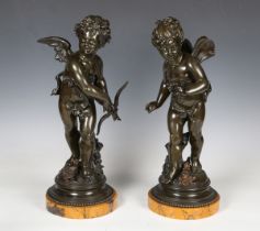 A pair of 19th century French brown patinated cast bronze figures of a fairy and Cupid, both