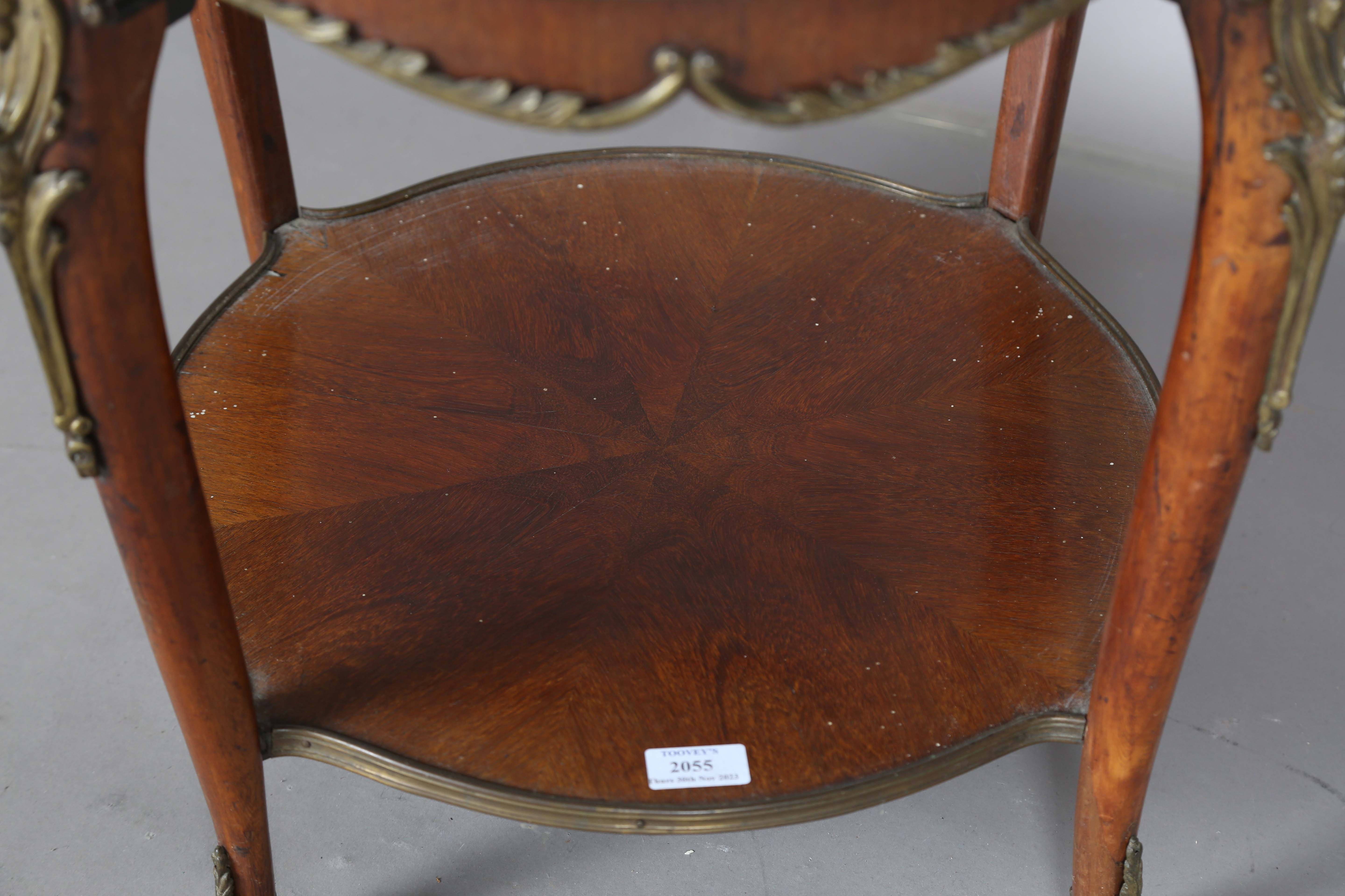 An early 20th century French walnut two-tier occasional table with radial veneers and gilt metal - Image 8 of 11