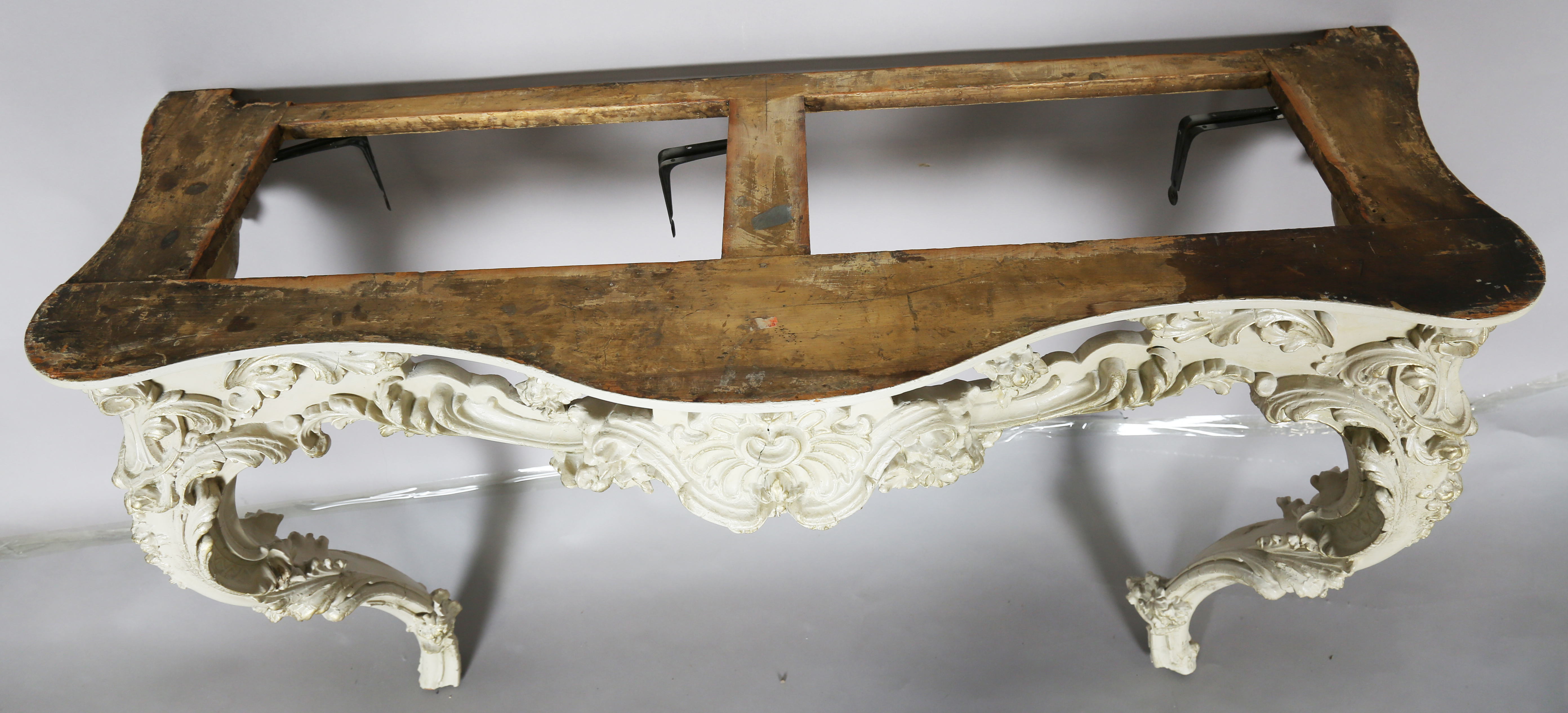 A 19th century Rococo Revival grey painted wood and composition marble-topped console table, the - Image 4 of 15