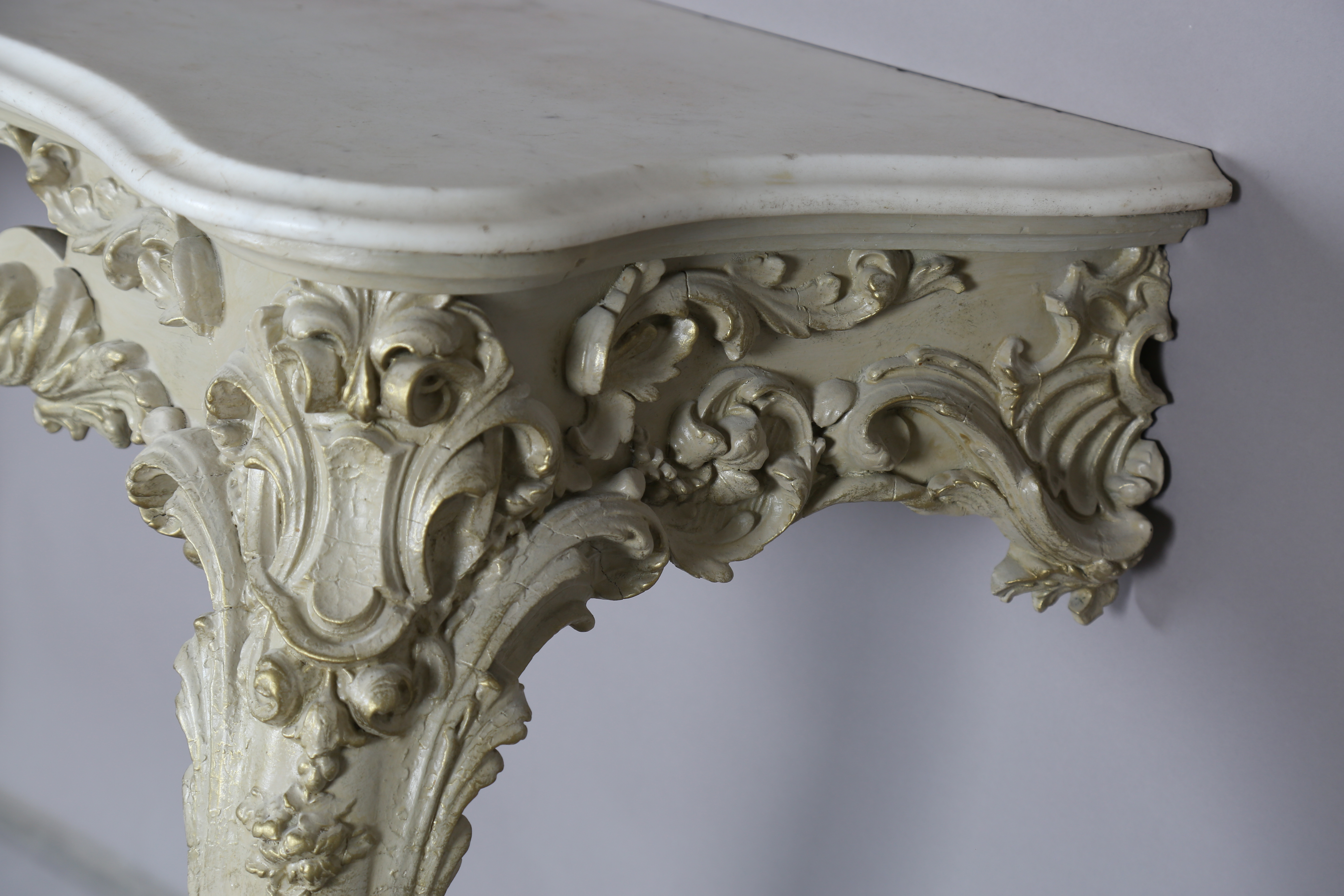 A 19th century Rococo Revival grey painted wood and composition marble-topped console table, the - Image 10 of 15