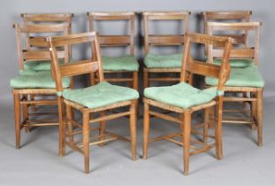 A group of eight early 20th century beech framed chapel chairs, height 82cm, width 43cm.Buyer’s