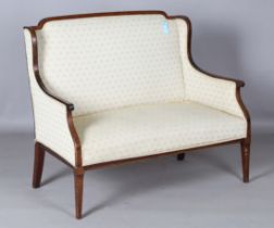 An Edwardian mahogany and chequer banded showframe salon settee, height 93cm, width 114cm, depth