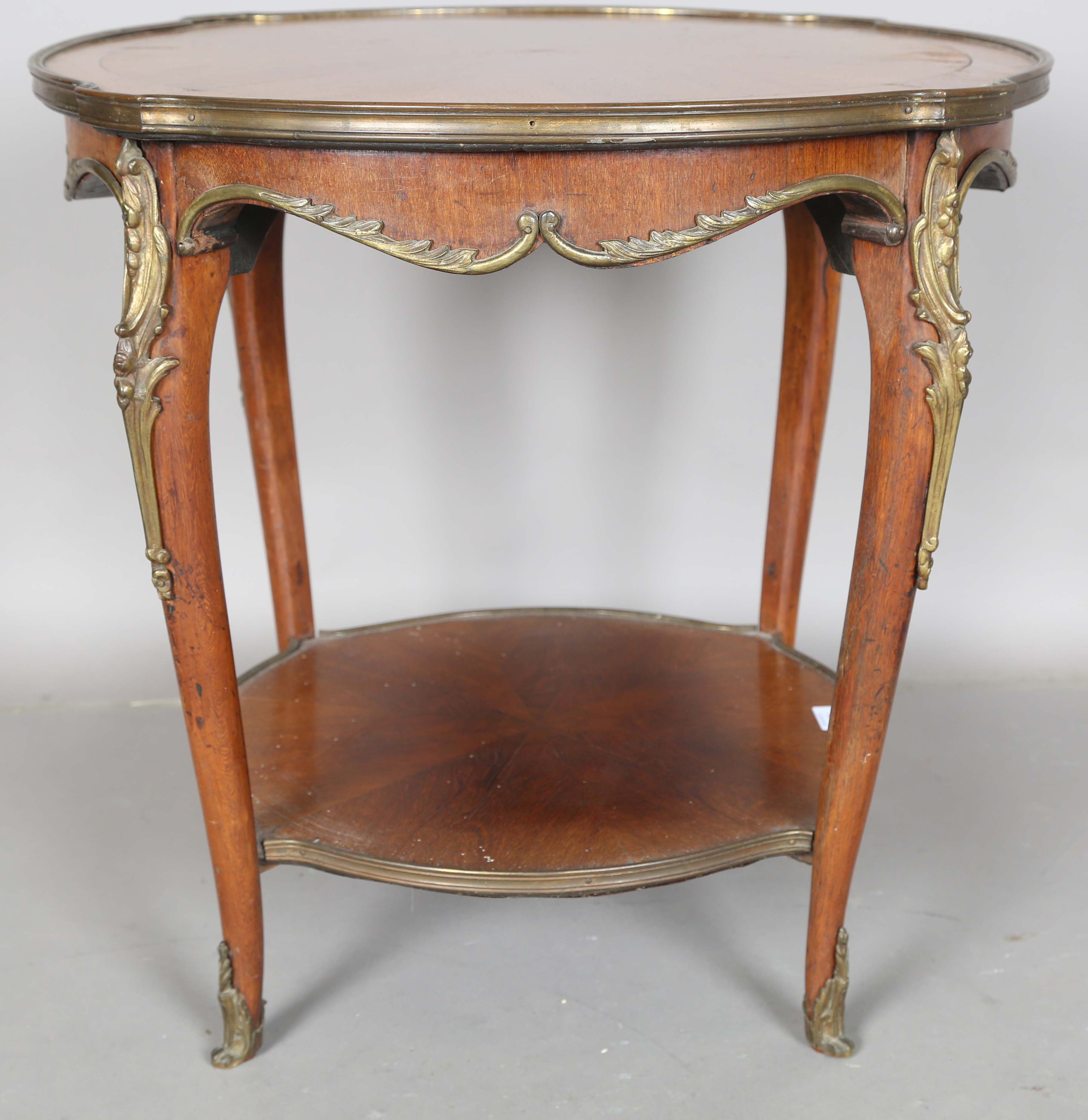 An early 20th century French walnut two-tier occasional table with radial veneers and gilt metal - Image 4 of 11