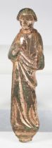 A 14th/15th century copper alloy staff or ceremonial cross mount, in the form of standing saint with