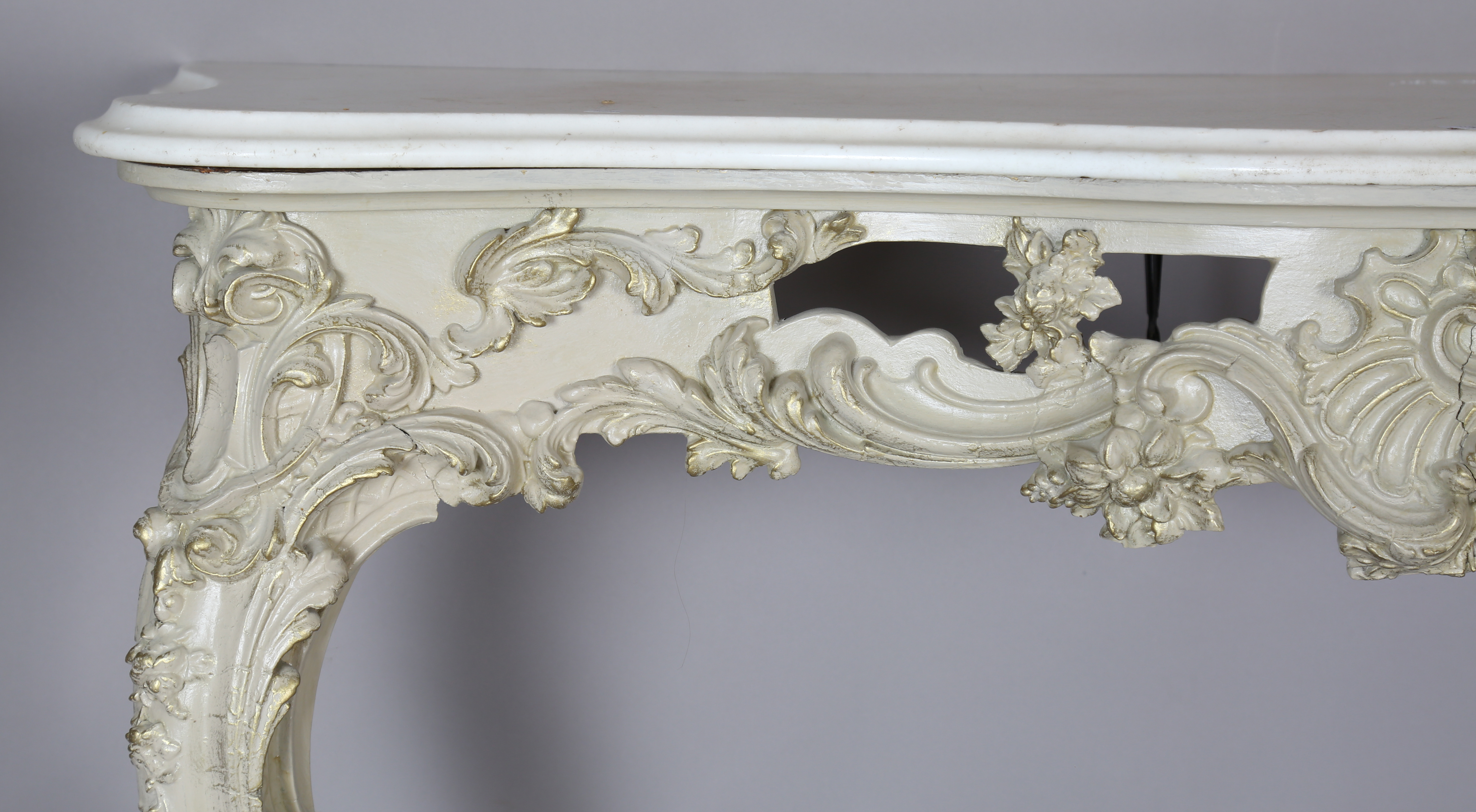 A 19th century Rococo Revival grey painted wood and composition marble-topped console table, the - Image 8 of 15