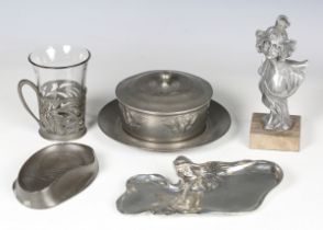 A group of Art Nouveau metalware, including a Kayserzinn pewter muffin dish and stand, a