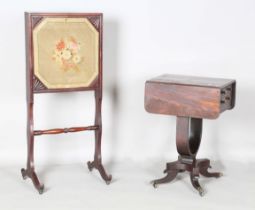 A Regency mahogany drop-flap work table, fitted with two drawers, height 70cm, extended width