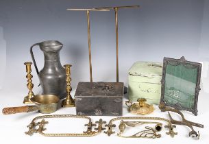 A collection of mixed metalware, including a steel strong box, a 19th century pewter flagon,