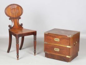 A Regency mahogany hall chair, height 86cm, width 40cm (faults), together with a 20th century