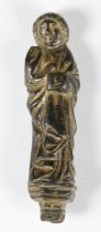 A 14th/15th century copper alloy staff or ceremonial cross mount, in the form of a standing saint in