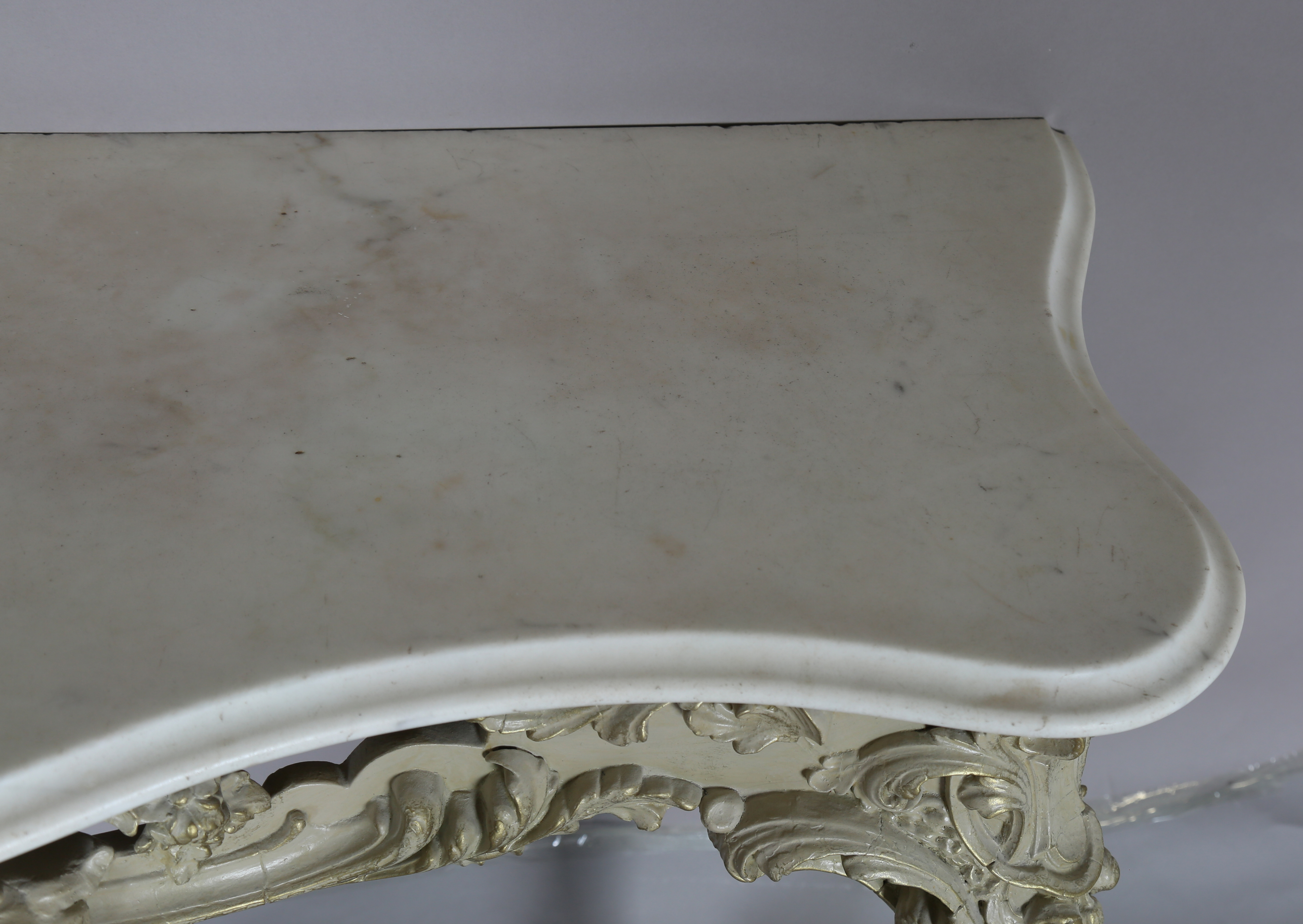 A 19th century Rococo Revival grey painted wood and composition marble-topped console table, the - Image 13 of 15