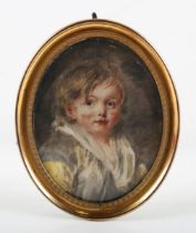 Attributed to Peter Adolf Hall - an 18th century oval half-length portrait miniature of a child,