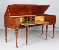 A George III mahogany square piano, converted to a writing desk, the hinged top enclosing a fitted