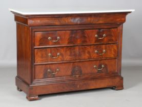 A mid-19th century French Louis Philippe flame mahogany five-drawer commode with a white marble