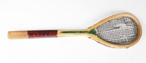 An early 20th century real tennis racket, the green leather throat gilt-tooled 'G. Wilson', length