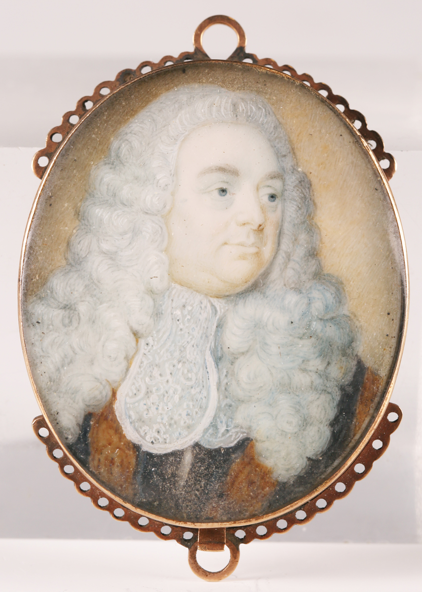 British or Irish School - an early/mid-18th century oval half-length portrait miniature of a