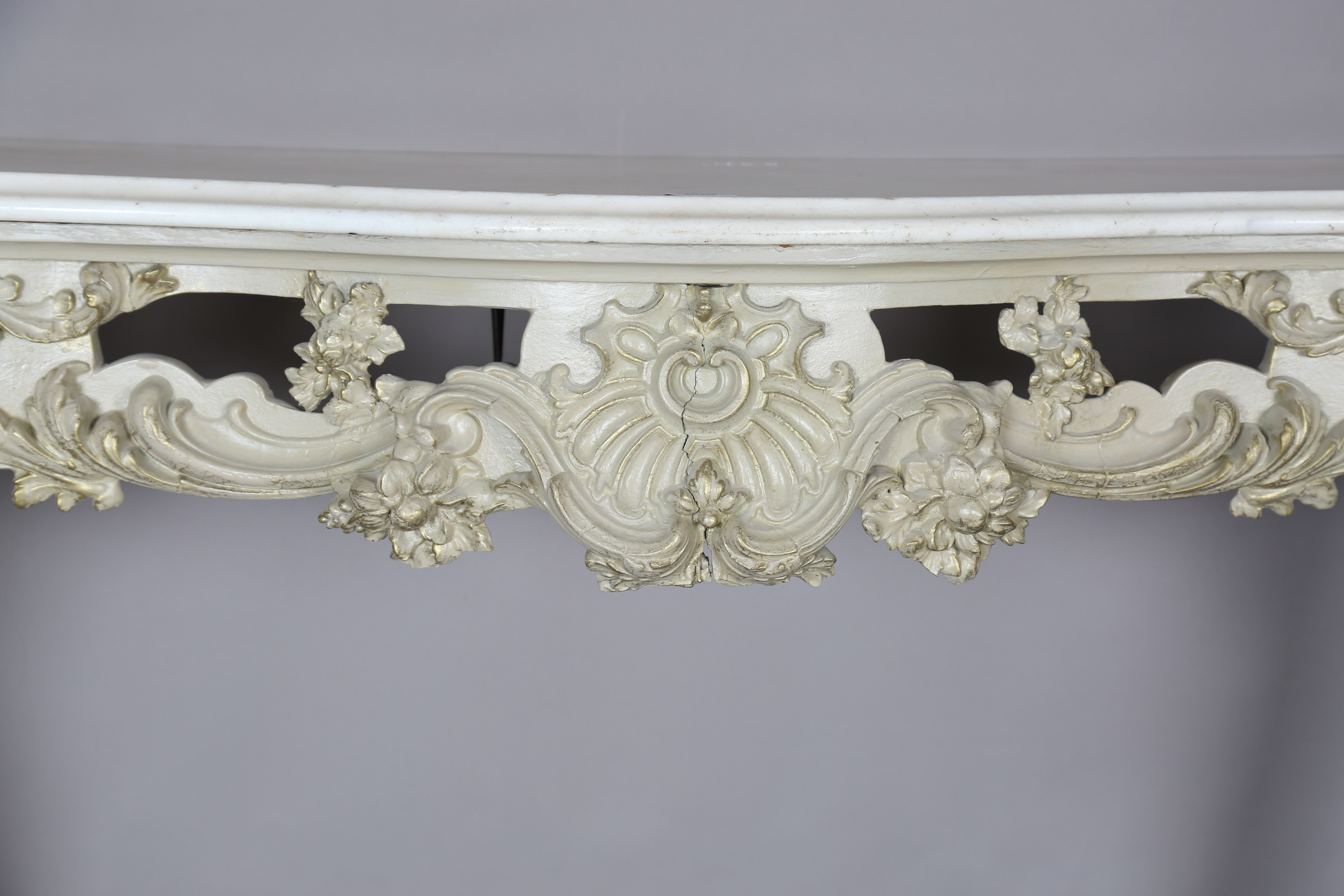 A 19th century Rococo Revival grey painted wood and composition marble-topped console table, the - Image 7 of 15