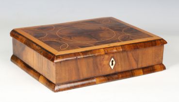 A William and Mary laburnum oyster veneered box with sycamore crossbanding and bone inlaid key