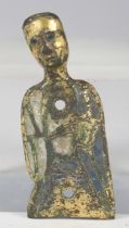 A 13th century Limoges copper alloy and enamelled cross mount in the form of a saint, with gilded