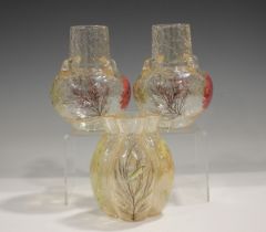 A pair of Moser amber tinted crackle glass vases, 1900-25, of bulbous shape with four loop handles