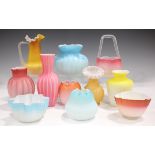A mixed group of mostly Stourbridge air trap satin glassware, late 19th century, in a variety of