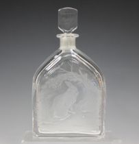 A Peter Dreiser engraved glass decanter and stopper, dated 1977, of flattened rectangular shape,