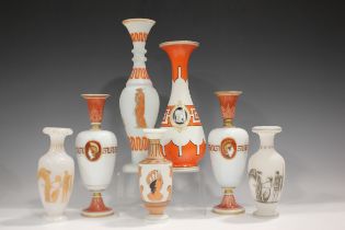 Two Richardson Vitrified opaque glass vases decorated in Etruscan style with classical figures,