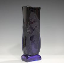 A Karlin Rushbrooke studio glass vase, late 20th century, the purple tinted rectangular body