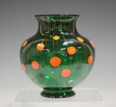 A Loetz orange spot and stripe green glass vase, circa 1910, of bulbous shape with small circular