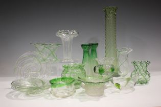 A Stuart & Sons clear glass green peacock eye vase, early 20th century, of tapered form on a