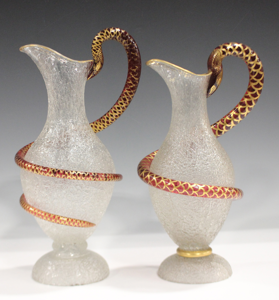 Four craquelure ice glass jugs, French or Bohemian, mid-19th century, each entwined with a gilt - Image 4 of 5