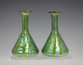 A pair of Loetz Crete Pampas design glass vases, circa 1900, the conical bodies with extended