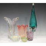 A group of art glass, mostly Murano, mid-20th century, including two clear flared vases with moulded
