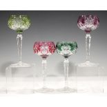 A set of four Val St. Lambert harlequin hock wine glasses, the cut bowls coloured cranberry,