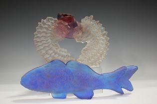 An Amanda Brisbane art glass sculpture of a fish, 1990s, the blue glass sand cast, engraved