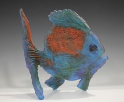 An Amanda Brisbane art glass sculpture of a fish, dated 1991, the shaded blue glass with touches