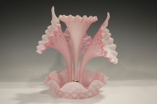 A rare diamond air trap satin glass epergne, late 19th century, of pink and white colouring with