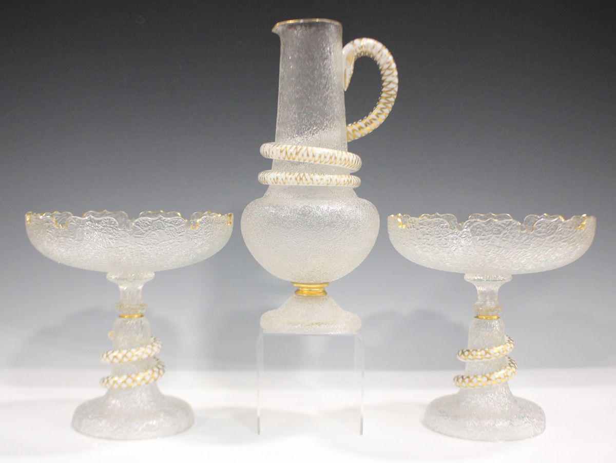 A pair of craquelure ice glass comports, French or Bohemian, mid-19th century, the stems entwined - Image 4 of 4
