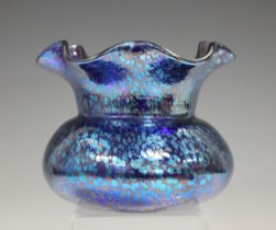 A Loetz Cobalt Papillon glass vase, 1930s, of bulbous shape with crimped rim, of blue colour with