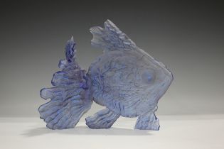 An Amanda Brisbane art glass sculpture of a fish, dated 1992, the blue glass sand cast, engraved
