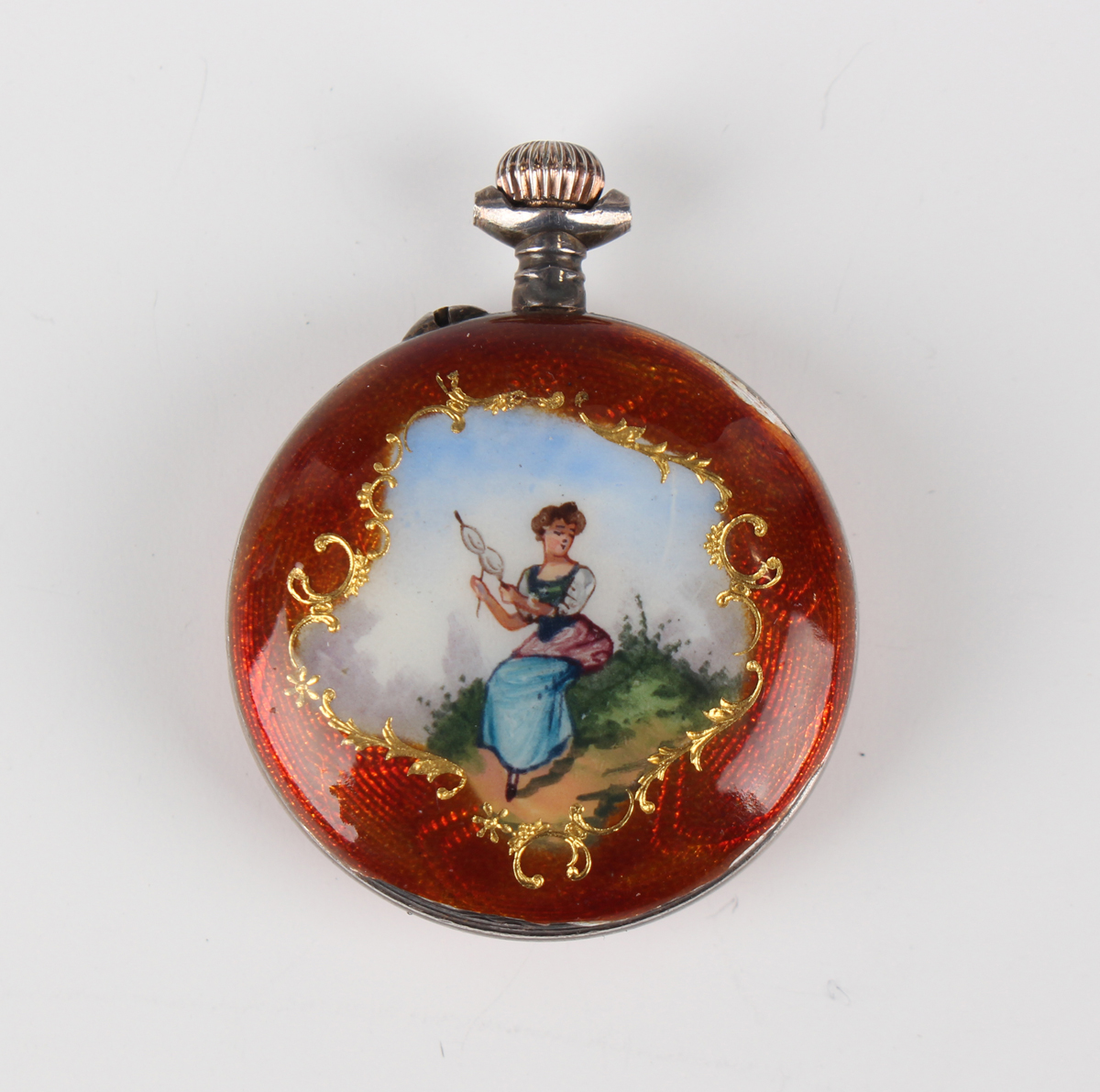 A Swiss silver and enamelled keyless wind open-faced lady's fob watch with unsigned gilt jewelled - Image 2 of 4