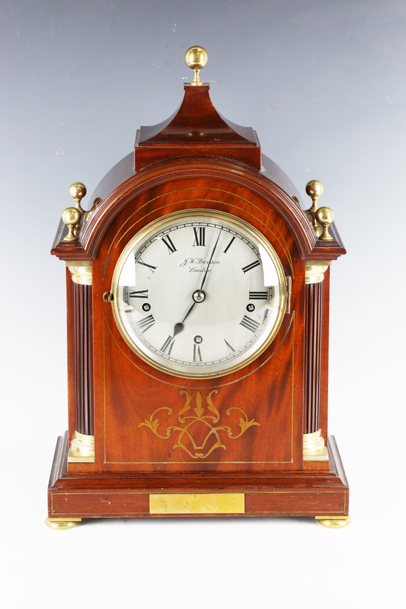 An early 20th century Regency Revival mahogany bracket clock, the three train movement with