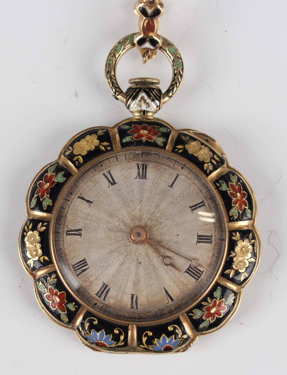 A 19th century Swiss gold and enamelled cased key wind open-faced lady's fob watch with unsigned - Image 9 of 9