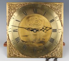 A mid-18th century 30-hour longcase clock movement and 11-inch dial, the movement striking on a bell