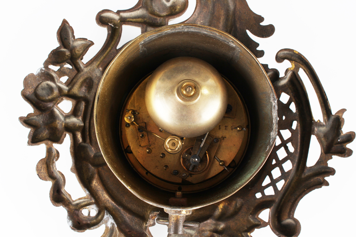 A late 19th century French gilt metal cased wall clock with eight day movement striking on a bell, - Image 5 of 6