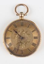 An 18ct gold cased keywind open-faced lady's fob watch, the gilt cylinder movement detailed '