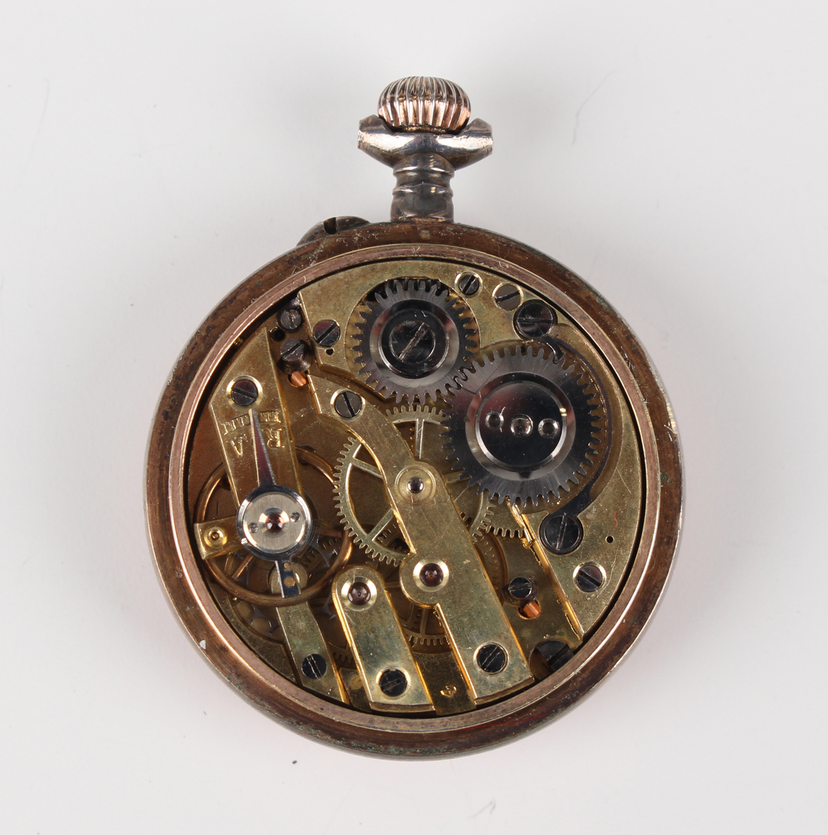 A Swiss silver and enamelled keyless wind open-faced lady's fob watch with unsigned gilt jewelled - Image 4 of 4