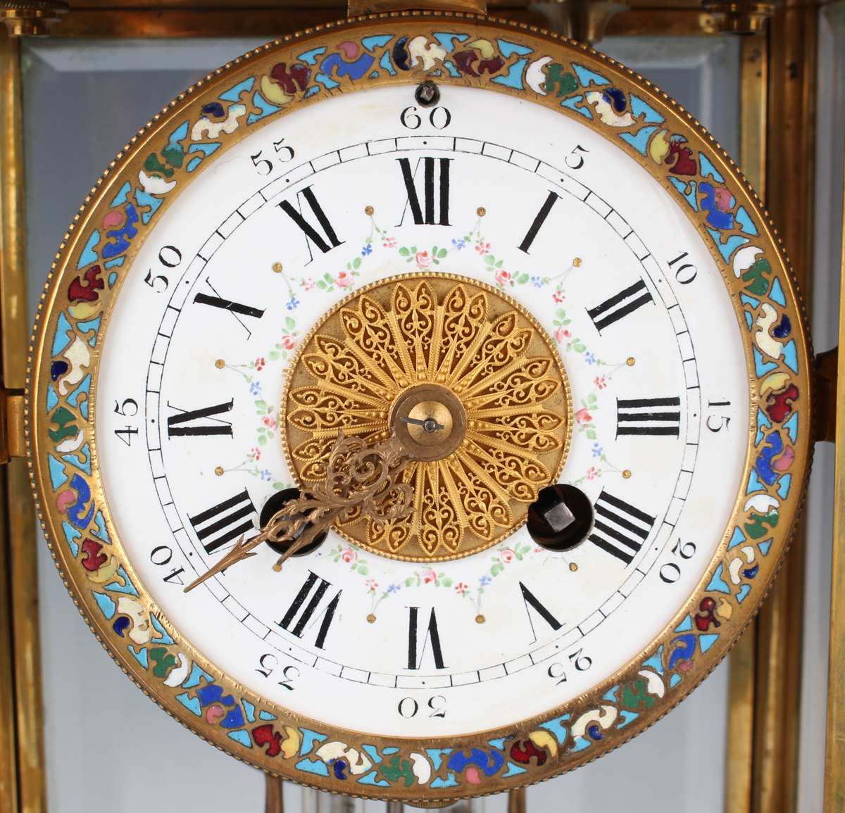 A late 19th/early 20th century French brass, onyx and champlevé enamel clock garniture, the four - Image 15 of 16