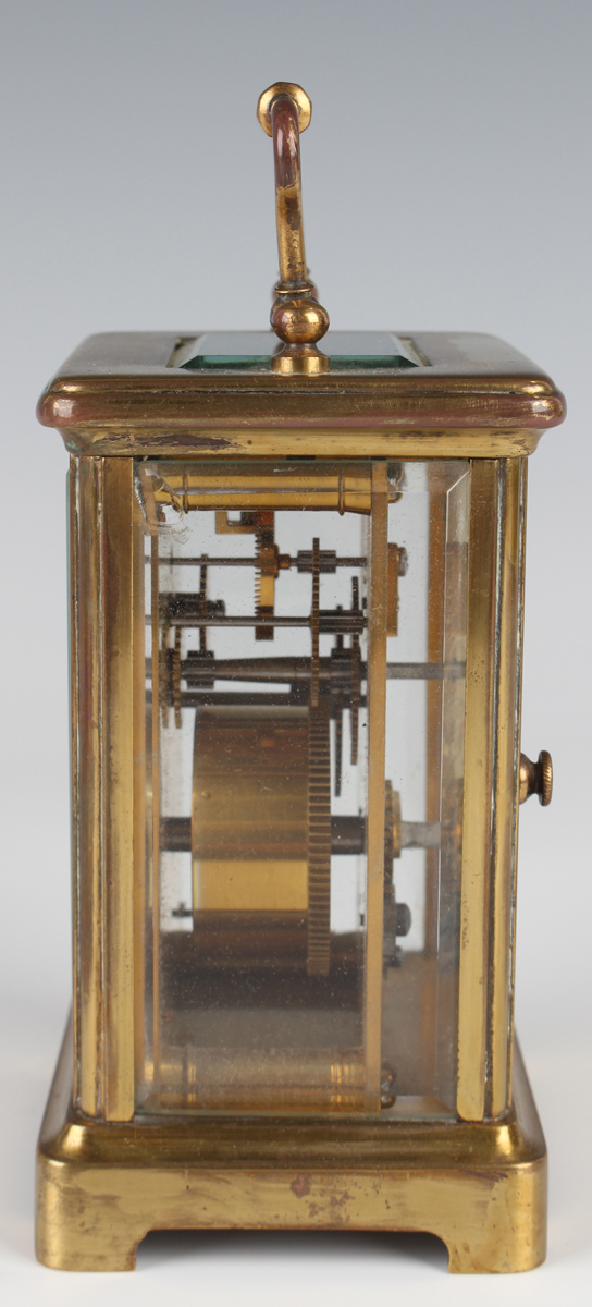 A late 19th/early 20th century French brass carriage clock with eight day movement striking hours on - Image 5 of 16