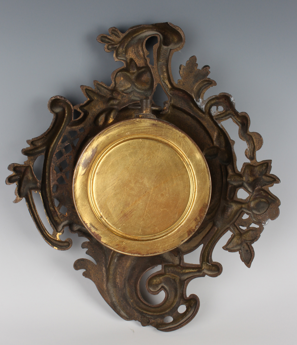 A late 19th century French gilt metal cased wall clock with eight day movement striking on a bell, - Image 2 of 6